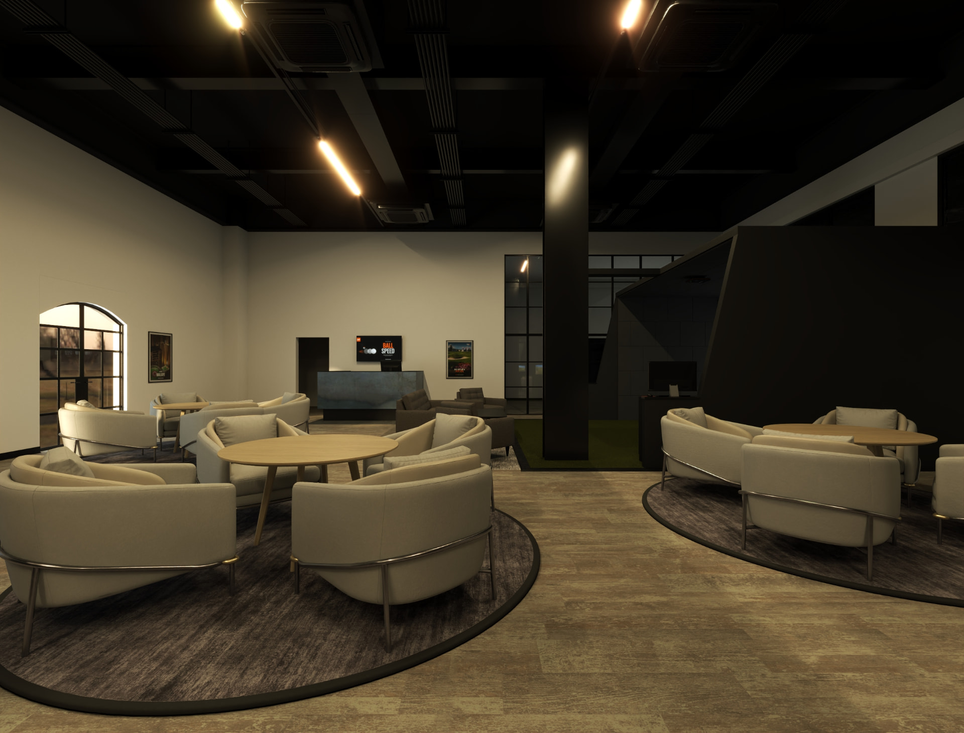 Render av loungen på Stick med sittegrupper, resepsjon og store vinduer